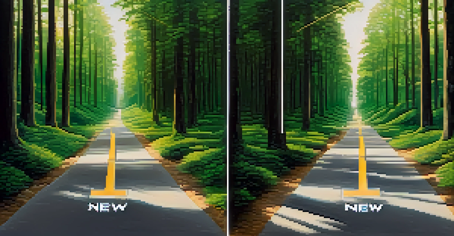 A landscape of two separate roads in a forest, symbolizing the split of Bitcoin, with signs for 'Old Chain' and 'New Chain'.