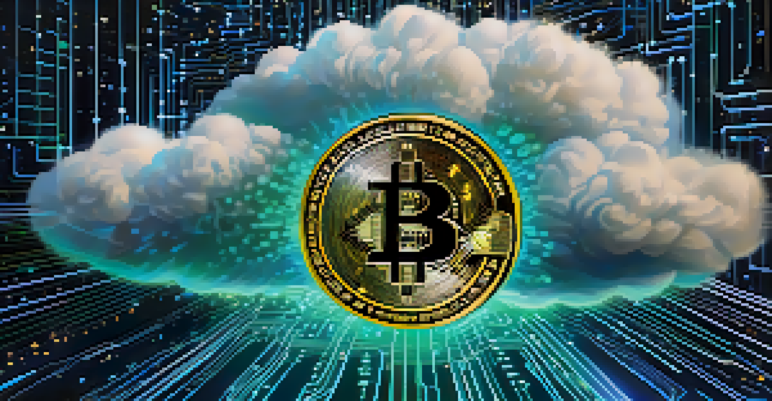 A Bitcoin symbol surrounded by swirling binary code and glowing circuits in a dark, starry background.