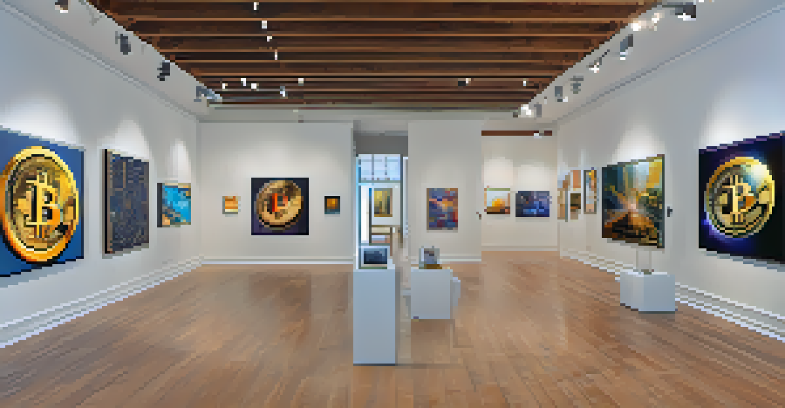 An artistic gallery filled with Bitcoin-themed artworks, illuminated by natural light.