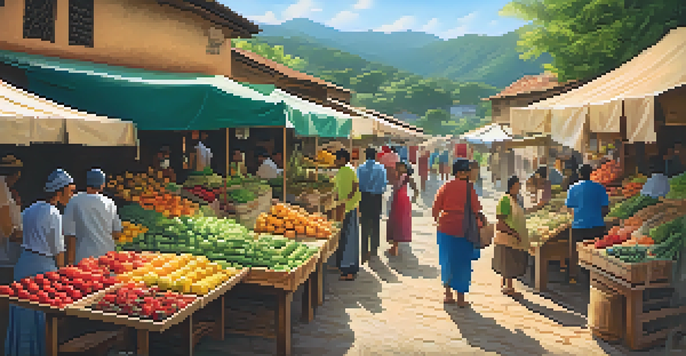A lively outdoor market with colorful stalls filled with fruits, vegetables, and crafts, set against green hills and bathed in warm sunlight.