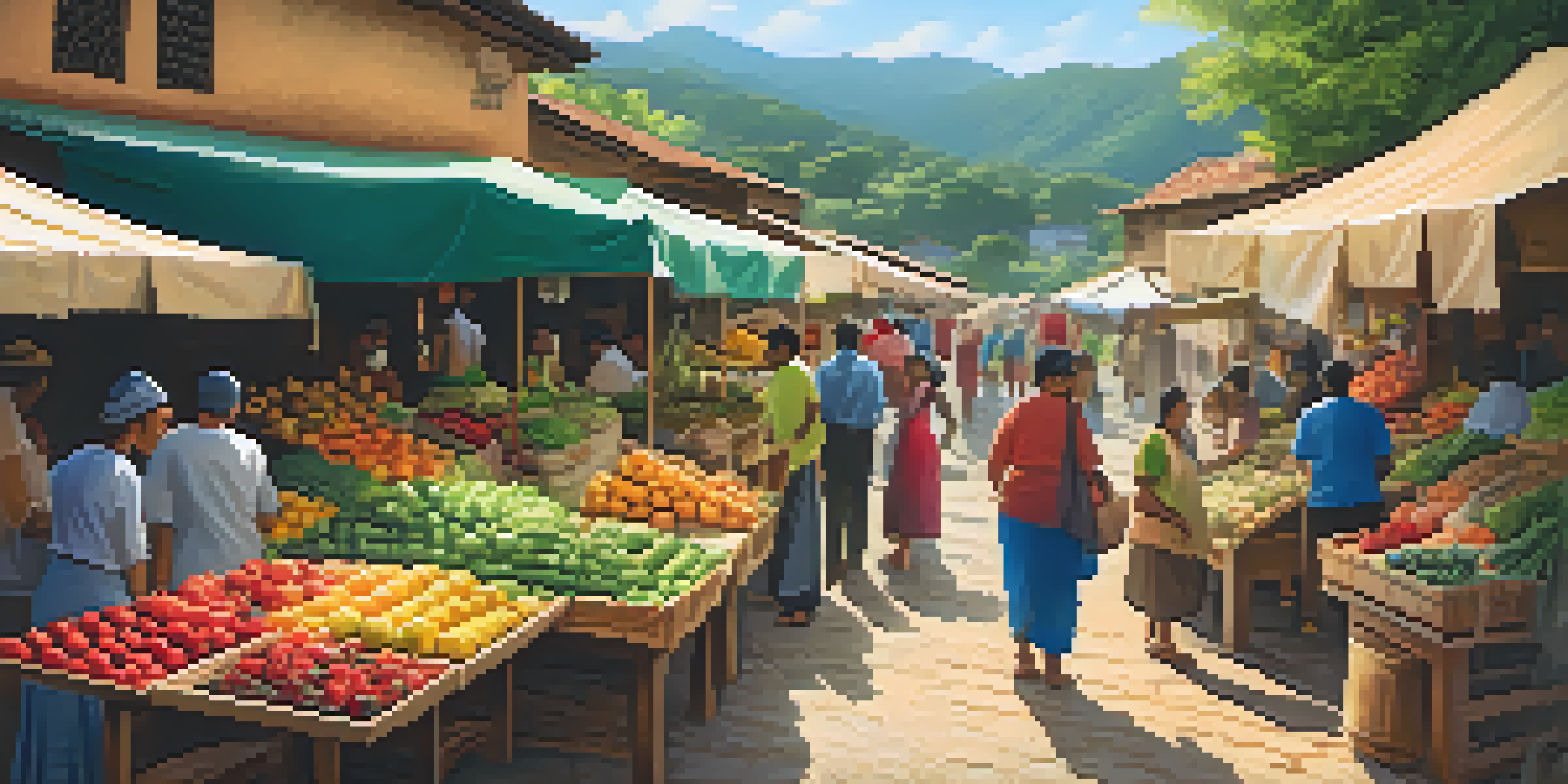 A lively outdoor market with colorful stalls filled with fruits, vegetables, and crafts, set against green hills and bathed in warm sunlight.
