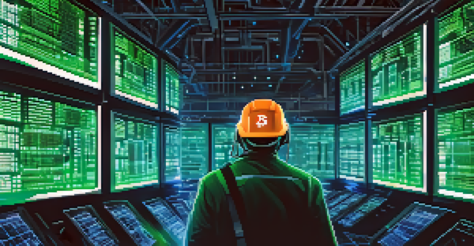 A close-up view of a high-tech ASIC miner in a dark room, with glowing screens displaying Bitcoin statistics in blue and green lights.