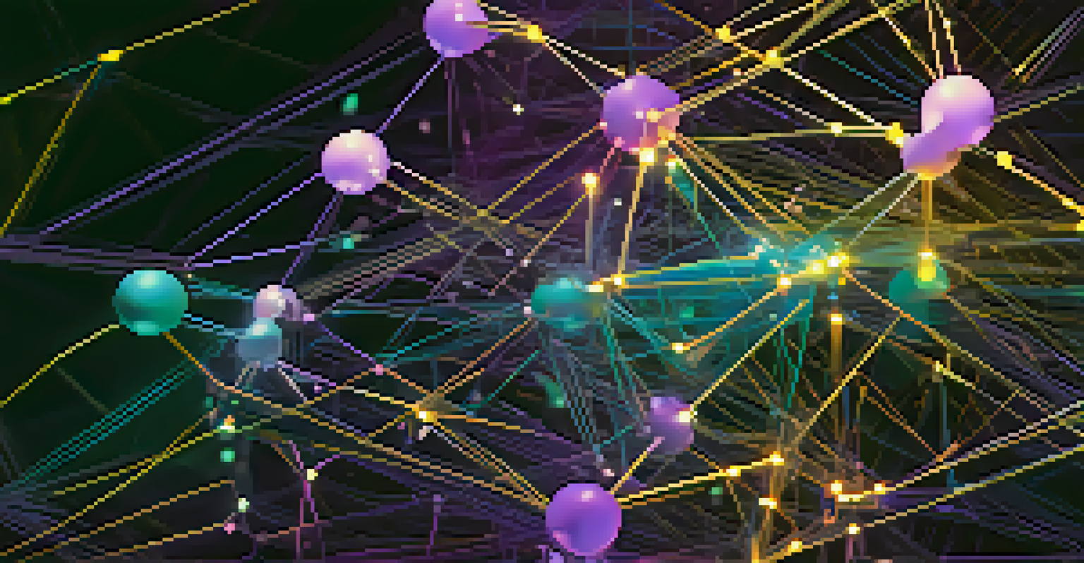 An abstract image of a decentralized network with interconnected nodes in purple, teal, and gold against a dark background.