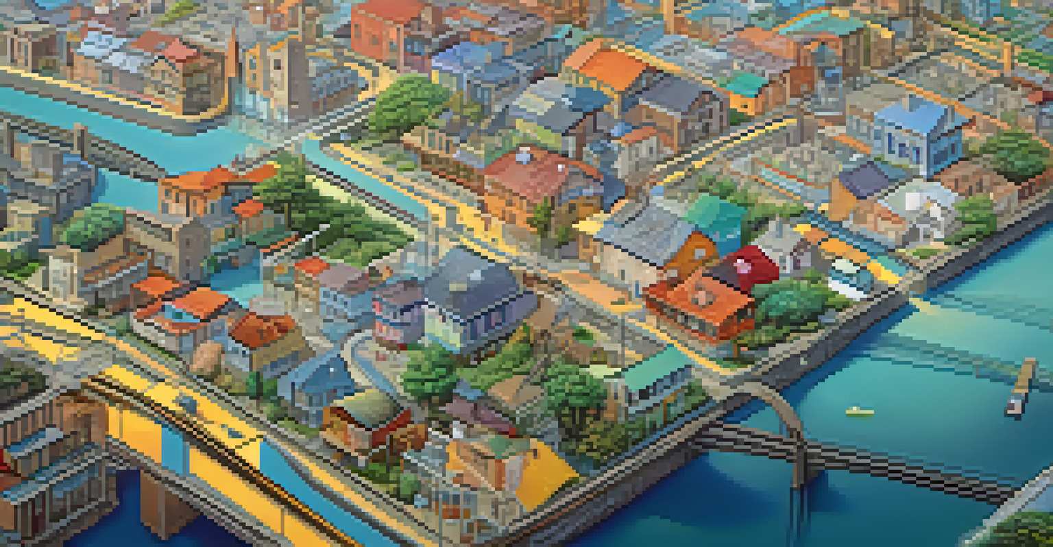 A digital landscape with interconnected blockchains around a central city, representing sidechains in Bitcoin.