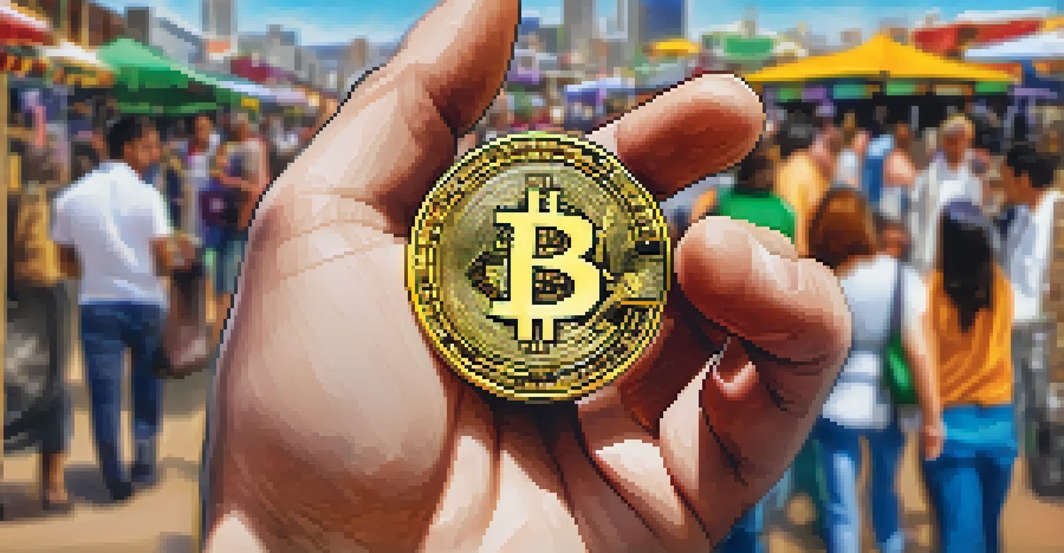 A close-up of a hand holding a shiny Bitcoin coin in front of a busy local market.