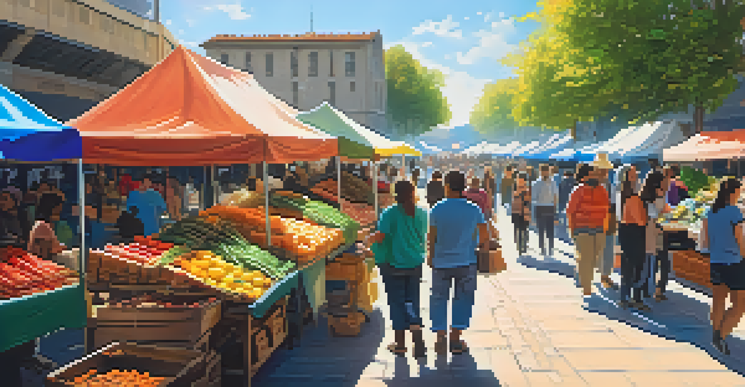 A lively outdoor market with vendors accepting Bitcoin payments, featuring colorful stalls of fresh produce and handmade crafts.