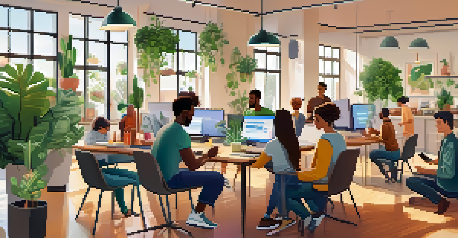 A diverse group of people using decentralized applications on smartphones and tablets in a bright workspace, surrounded by plants and modern decor.