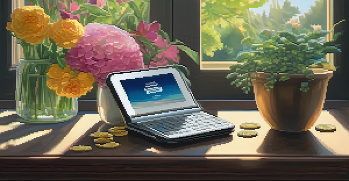 A digital wallet on a wooden table with Bitcoin coins around it, set in a bright garden.