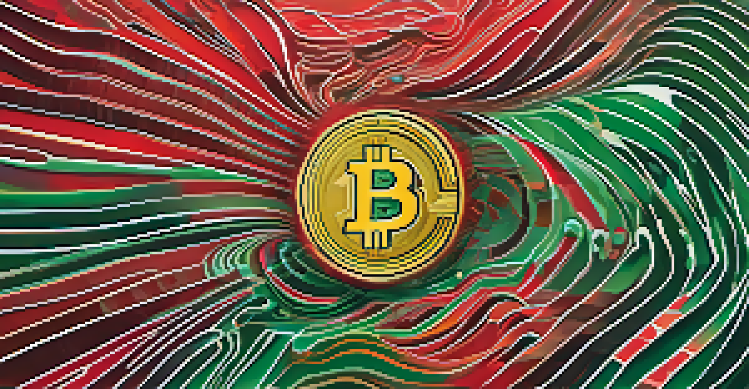 An abstract image representing market sentiment with swirling red and green colors symbolizing fear and greed in Bitcoin trading.