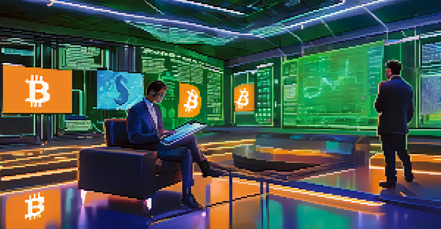 A futuristic financial technology scene with holographic displays of Bitcoin products and a professional analyzing data.