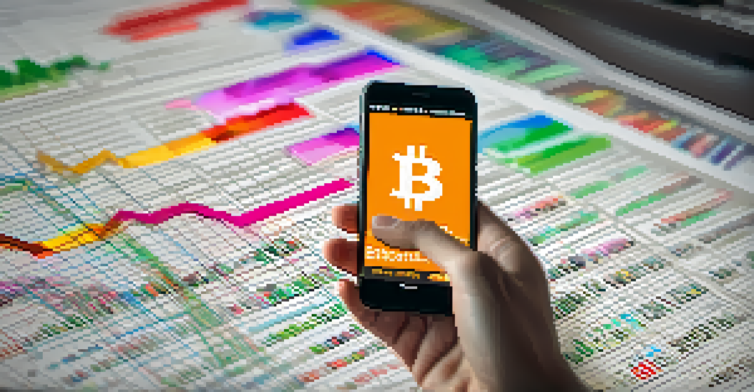 Close-up of a hand holding a smartphone with a Bitcoin price chart, blurred financial news in the background.