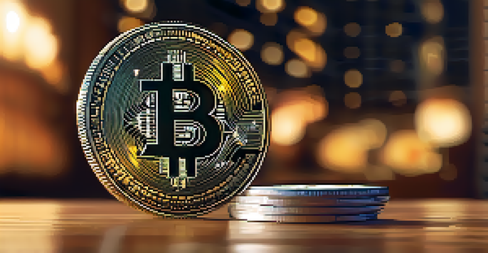 A Bitcoin coin on a wooden table with a blurred stock market chart in the background.