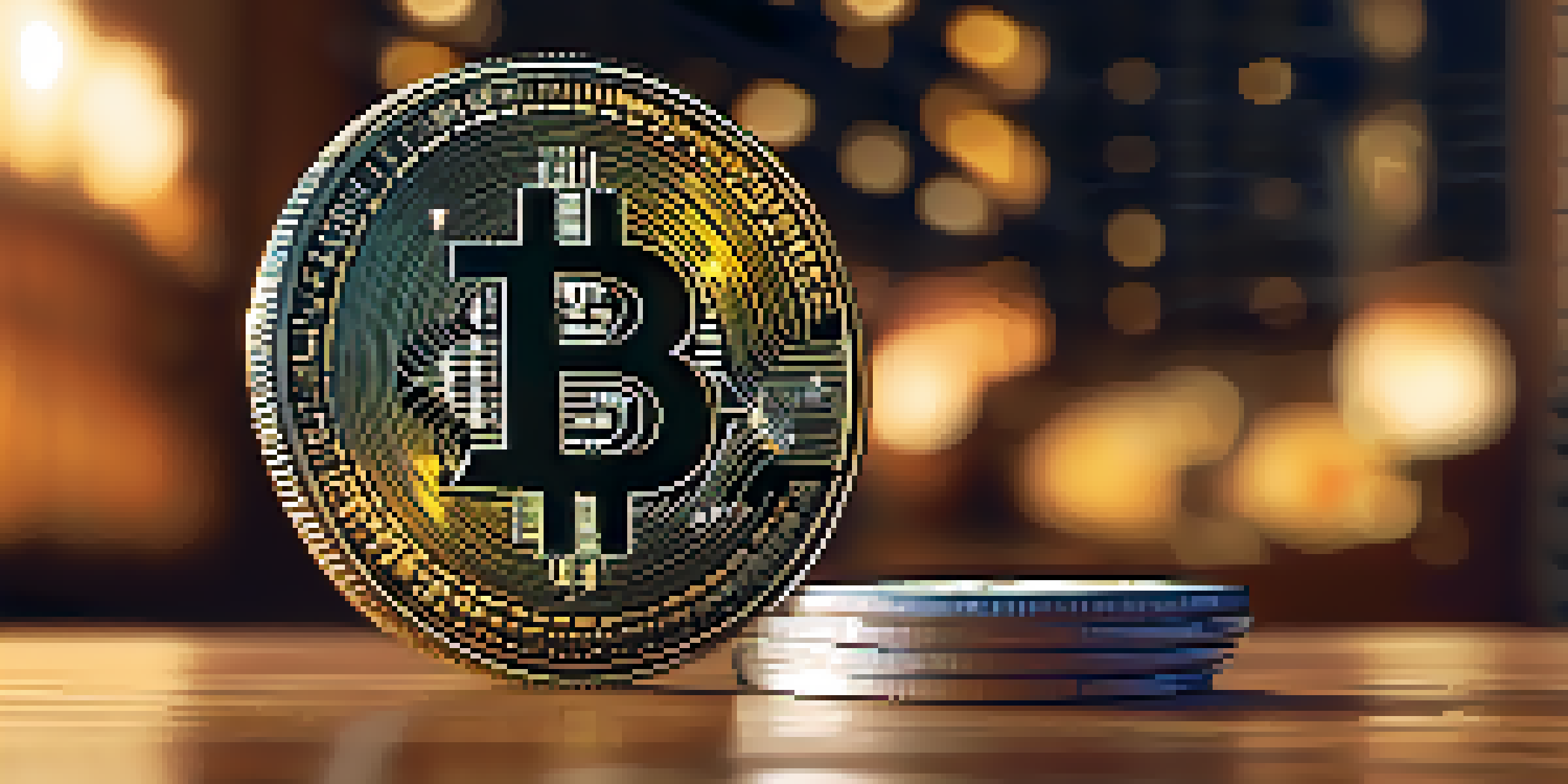 A Bitcoin coin on a wooden table with a blurred stock market chart in the background.