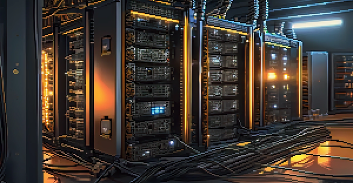 A close-up view of multiple Bitcoin mining rigs with LED lights in a dimly lit room, showcasing intricate hardware and digital monitors.