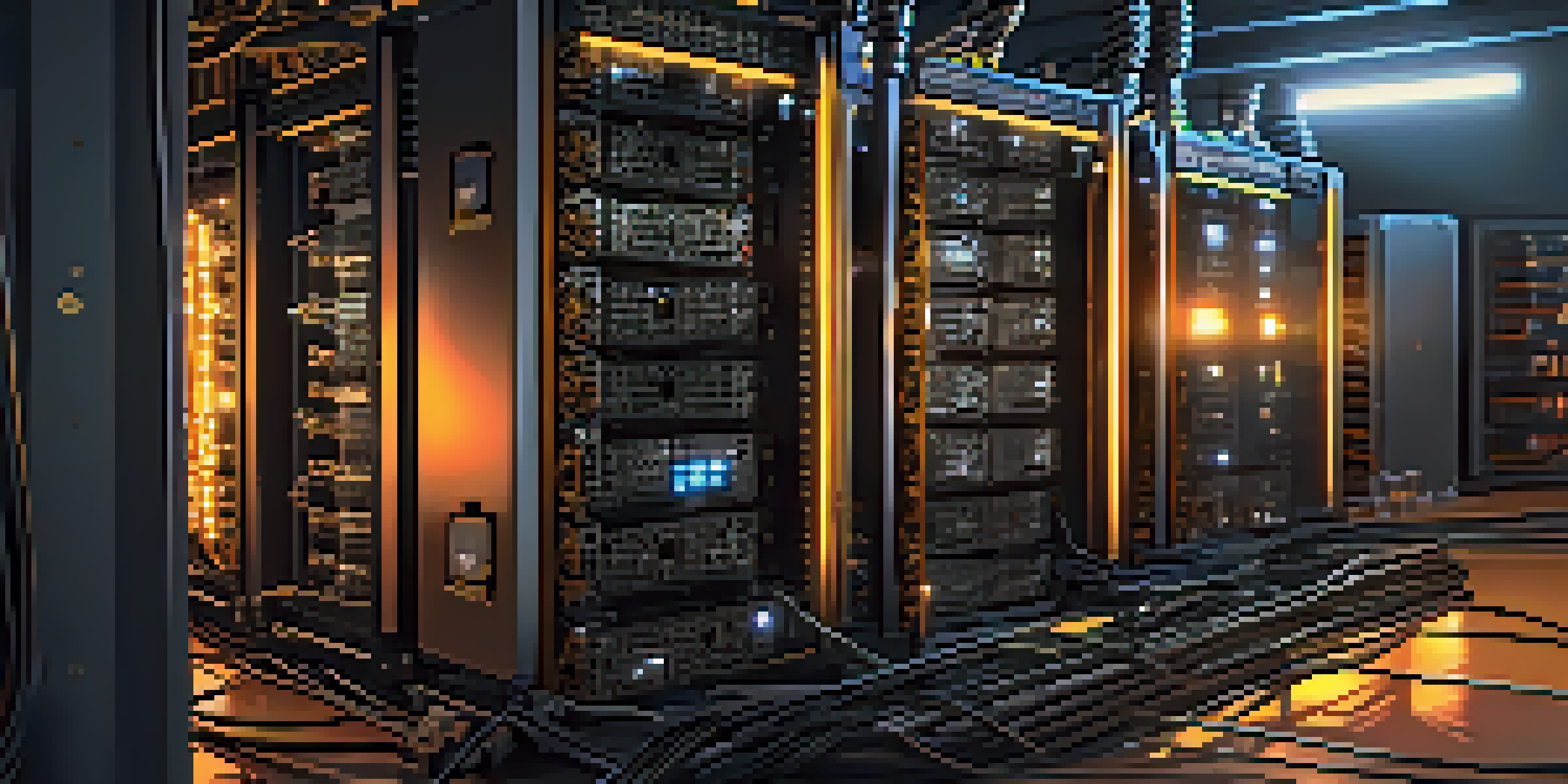 A close-up view of multiple Bitcoin mining rigs with LED lights in a dimly lit room, showcasing intricate hardware and digital monitors.