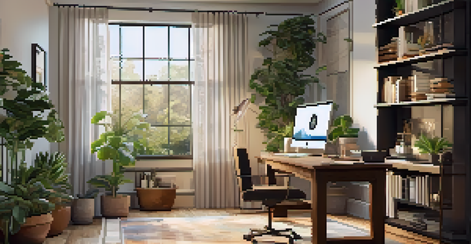 A cozy home office with a wooden desk, laptop showing Bitcoin trading, natural light, and plants.