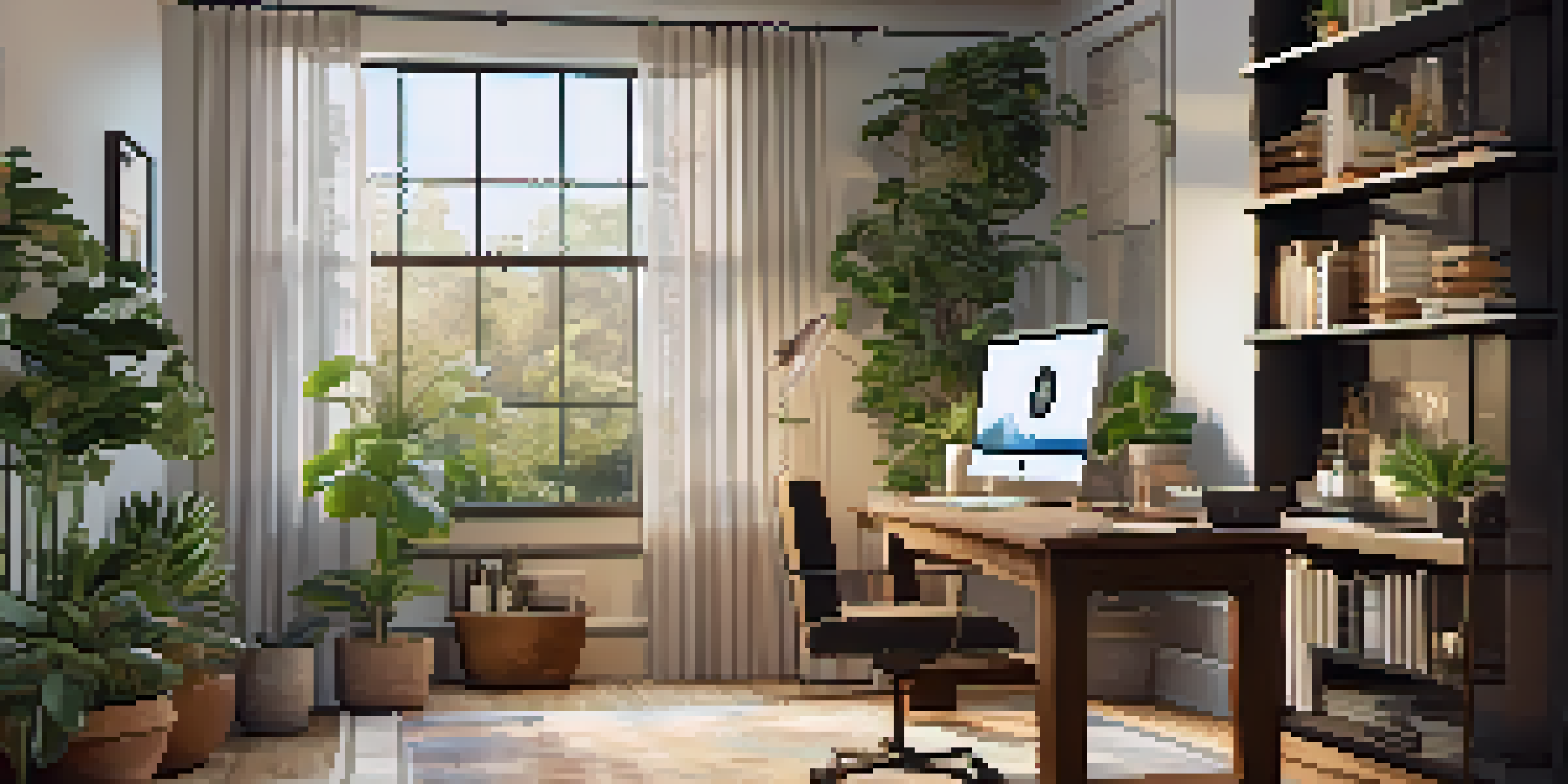 A cozy home office with a wooden desk, laptop showing Bitcoin trading, natural light, and plants.