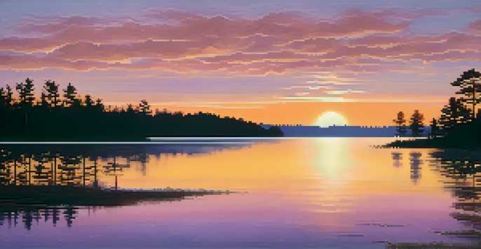 A beautiful sunset over a calm lake with silhouetted trees and colorful clouds.