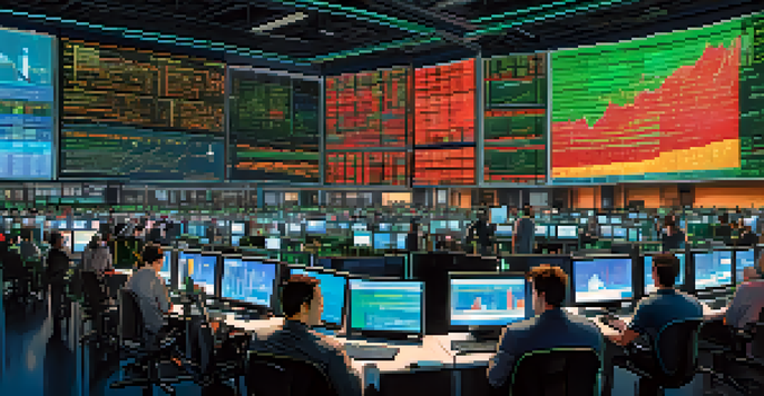 A busy cryptocurrency trading floor with traders looking at screens showing Bitcoin price charts in vibrant colors.