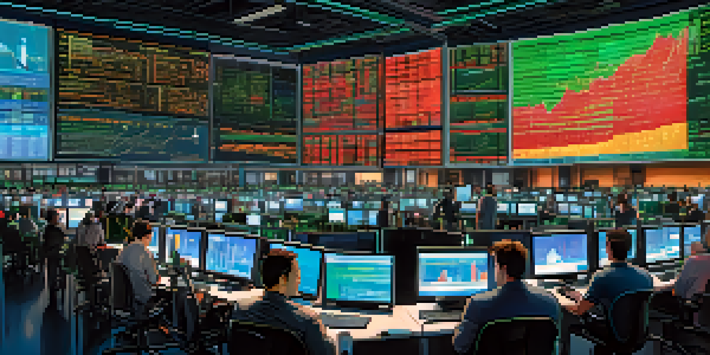 A busy cryptocurrency trading floor with traders looking at screens showing Bitcoin price charts in vibrant colors.