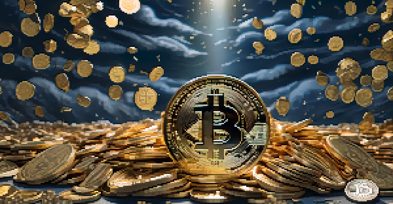 An artistic representation of a Bitcoin coin surrounded by crumbling banknotes and symbols of inflation.