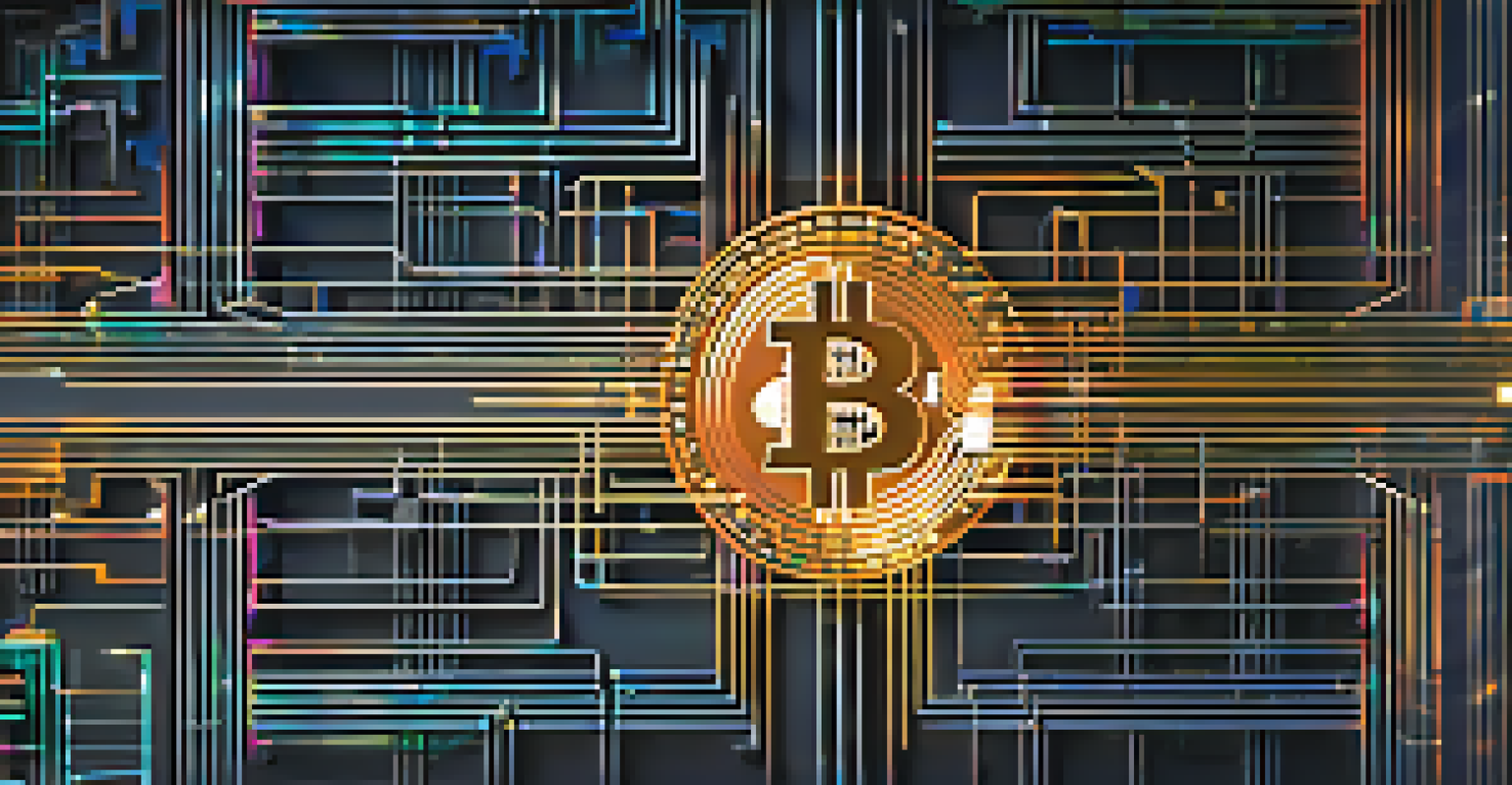 An abstract image of the Bitcoin blockchain with interconnected metallic blocks and glowing lines, on a dark background.