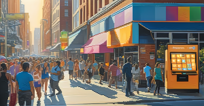 A busy city street with a Bitcoin ATM, people of different backgrounds interacting with the machine, and vibrant storefronts in the background.