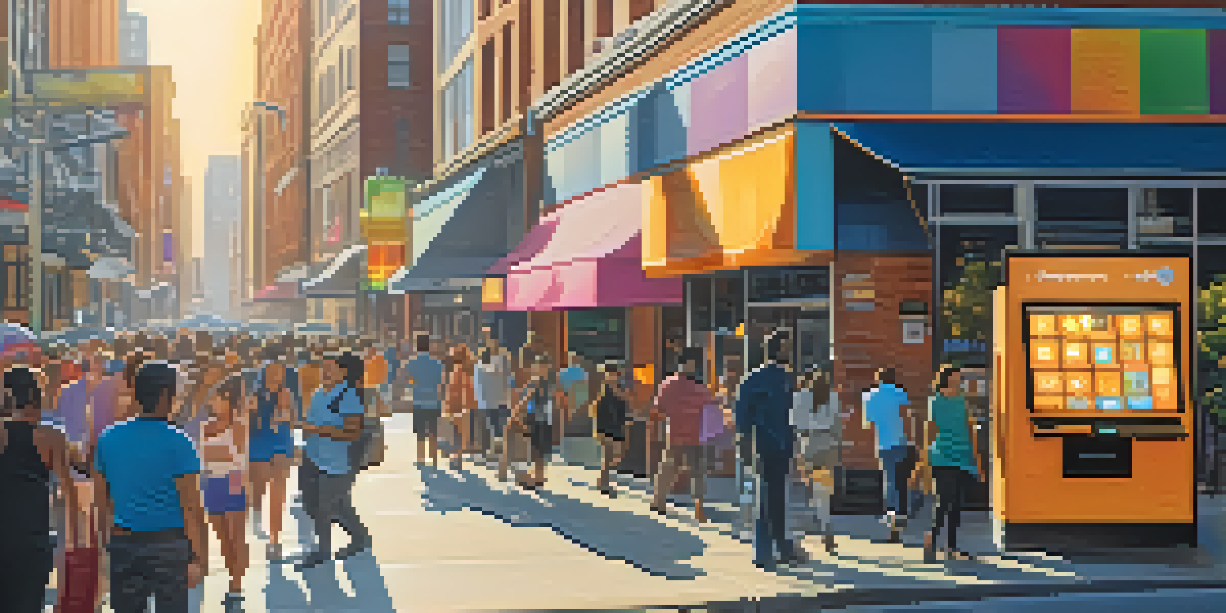 A busy city street with a Bitcoin ATM, people of different backgrounds interacting with the machine, and vibrant storefronts in the background.
