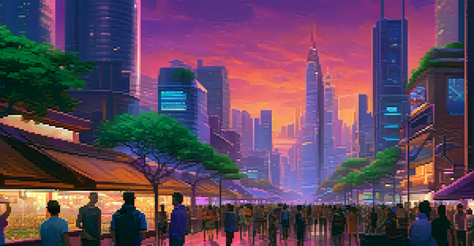 A futuristic city skyline at dusk with traditional and modern buildings, neon lights, and a vibrant street filled with people.