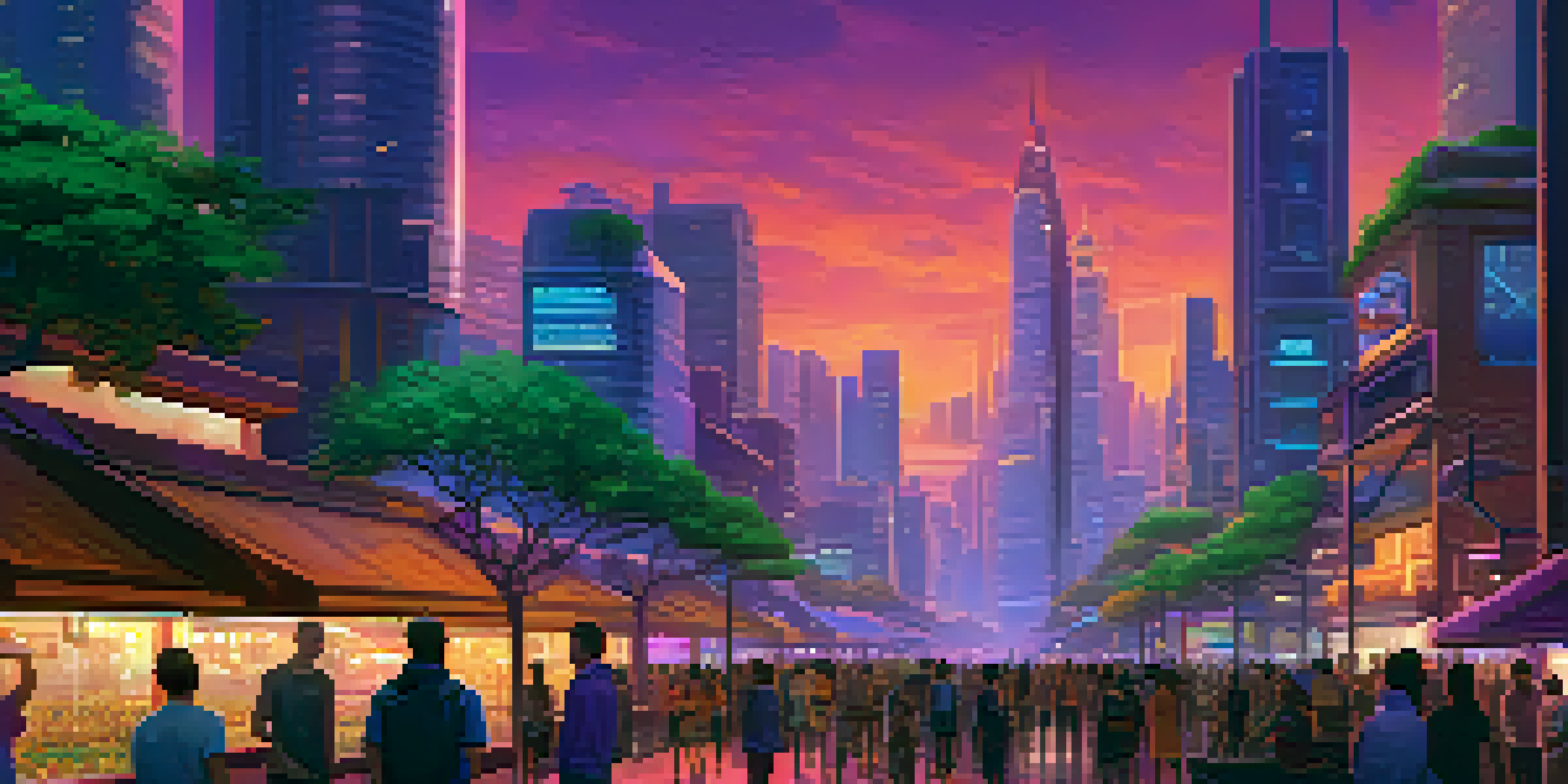 A futuristic city skyline at dusk with traditional and modern buildings, neon lights, and a vibrant street filled with people.