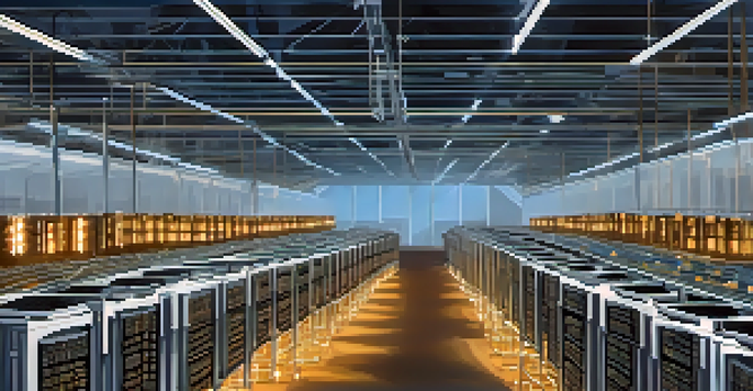 A large Bitcoin mining farm with advanced mining machines and solar panels, set under a clear blue sky.