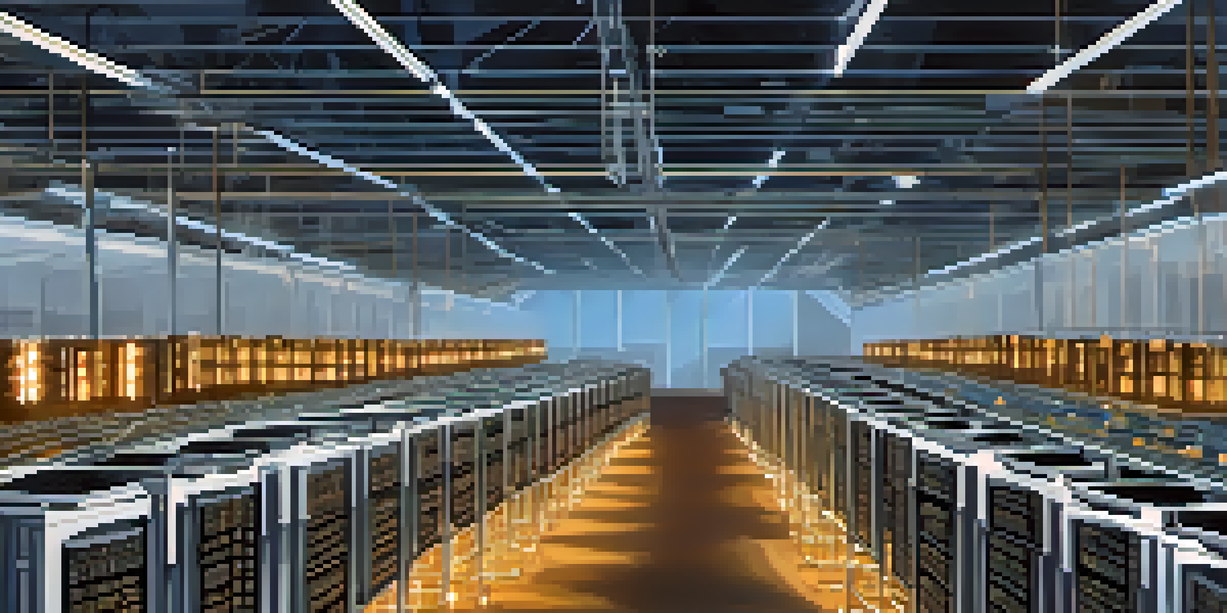 A large Bitcoin mining farm with advanced mining machines and solar panels, set under a clear blue sky.