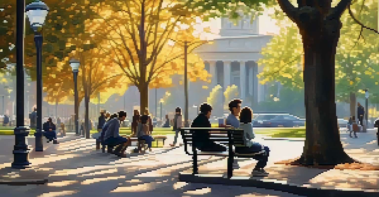 A person sitting on a park bench using a smartphone, surrounded by a bustling urban environment.