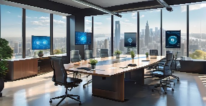 A bright and modern office conference room where diverse professionals are discussing cryptocurrency regulations, with a city skyline visible through large windows.