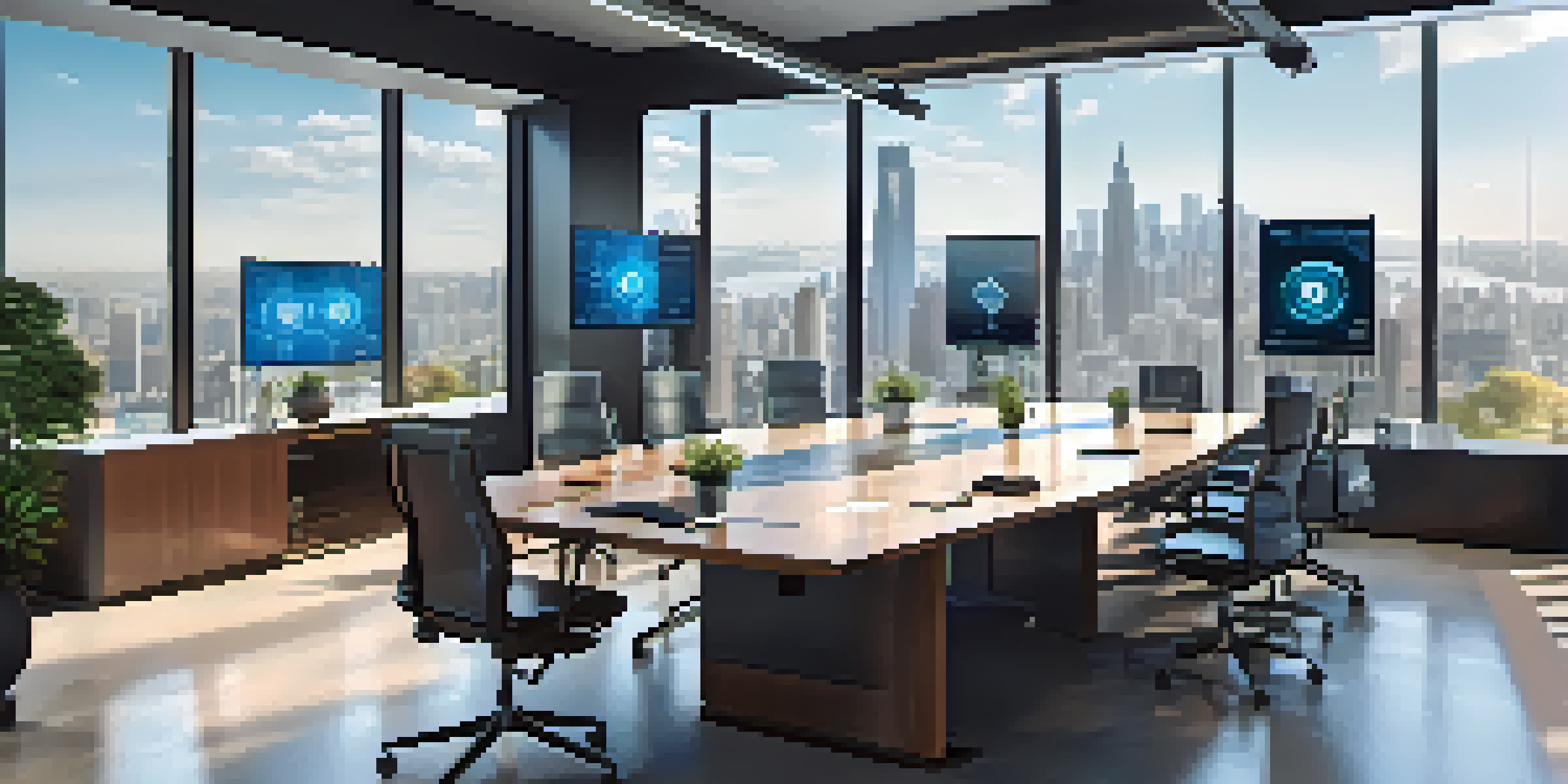 A bright and modern office conference room where diverse professionals are discussing cryptocurrency regulations, with a city skyline visible through large windows.