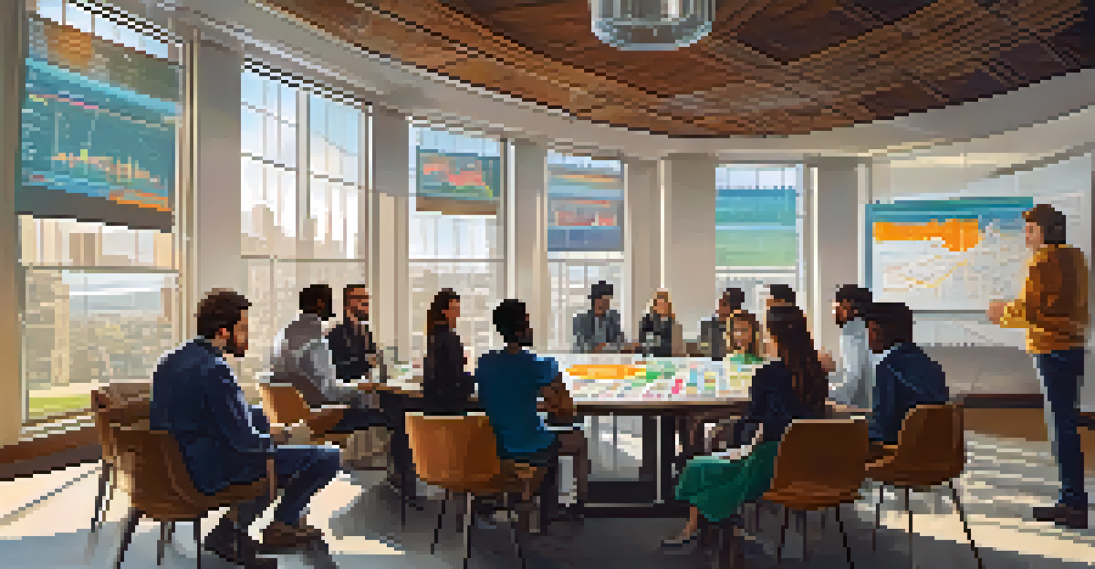 A diverse group of people engaged in a discussion about Bitcoin in an educational setting, with charts on the walls.