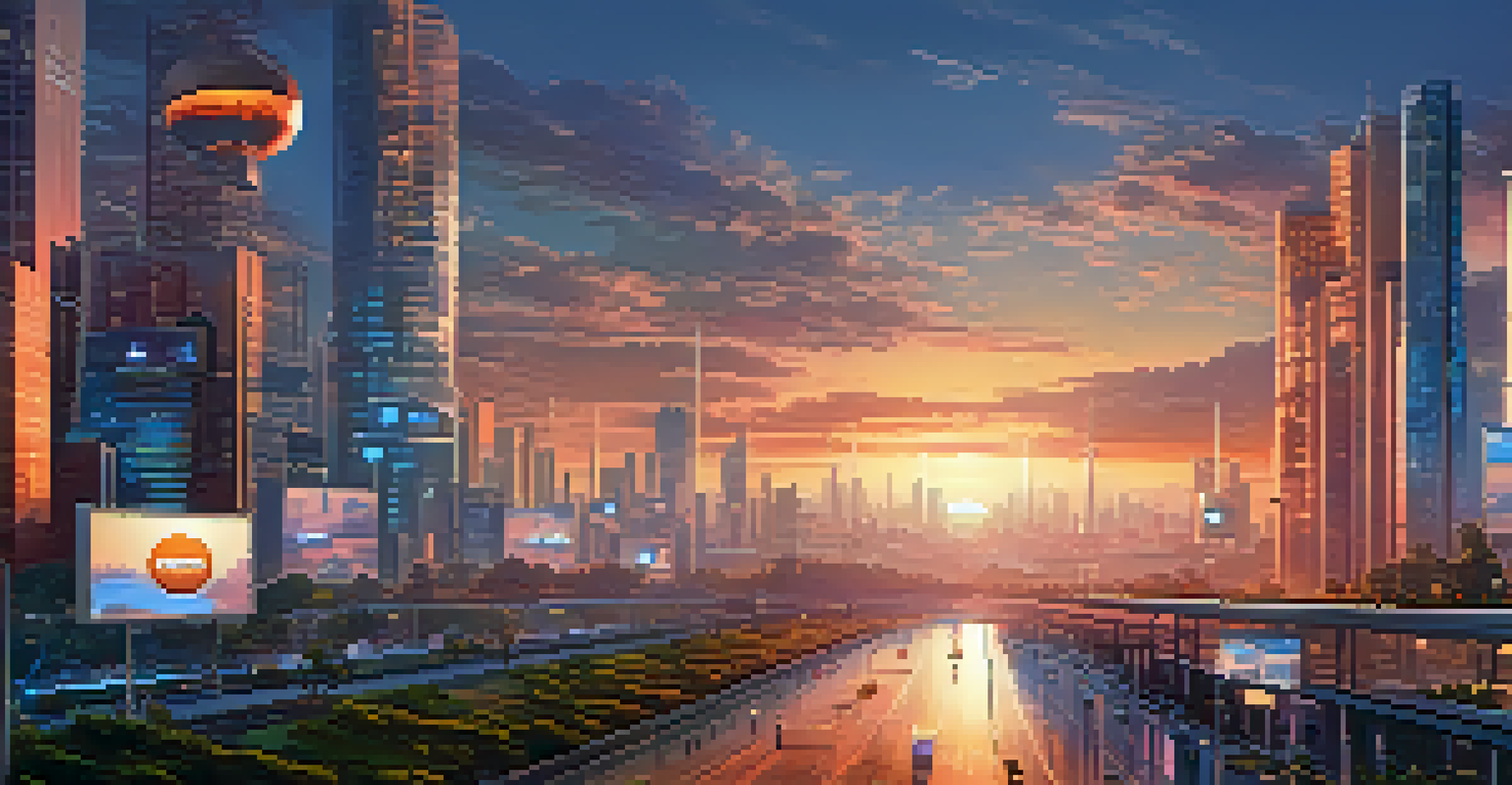 A futuristic city skyline at sunset with Bitcoin billboards and digital screens.