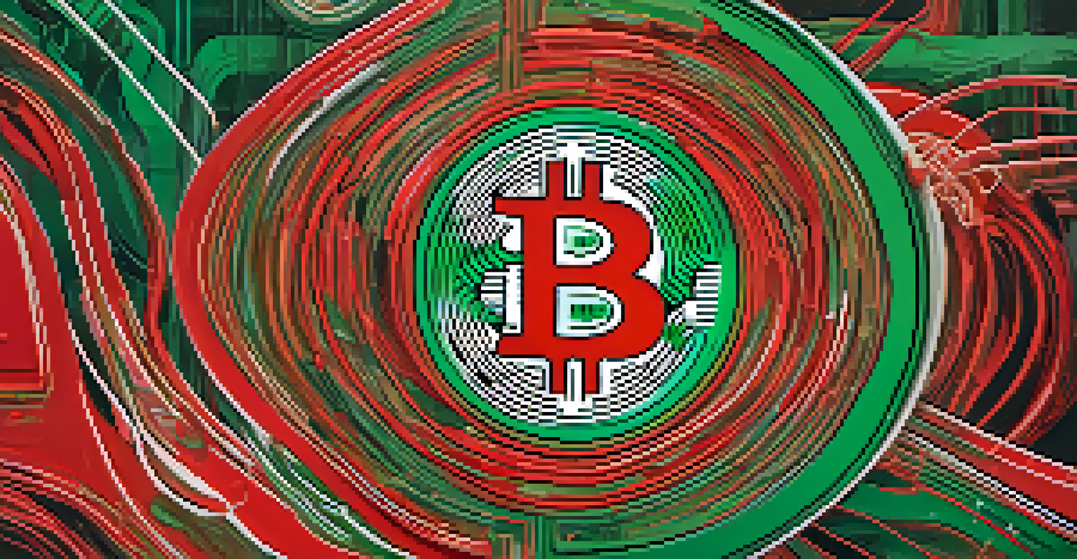 An abstract artwork depicting emotions of fear and greed in Bitcoin investments, with vibrant red and green colors and a central Bitcoin logo.