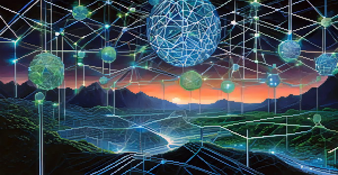 A digital landscape with glowing blockchain nodes interconnected by pathways, under a starry night sky.