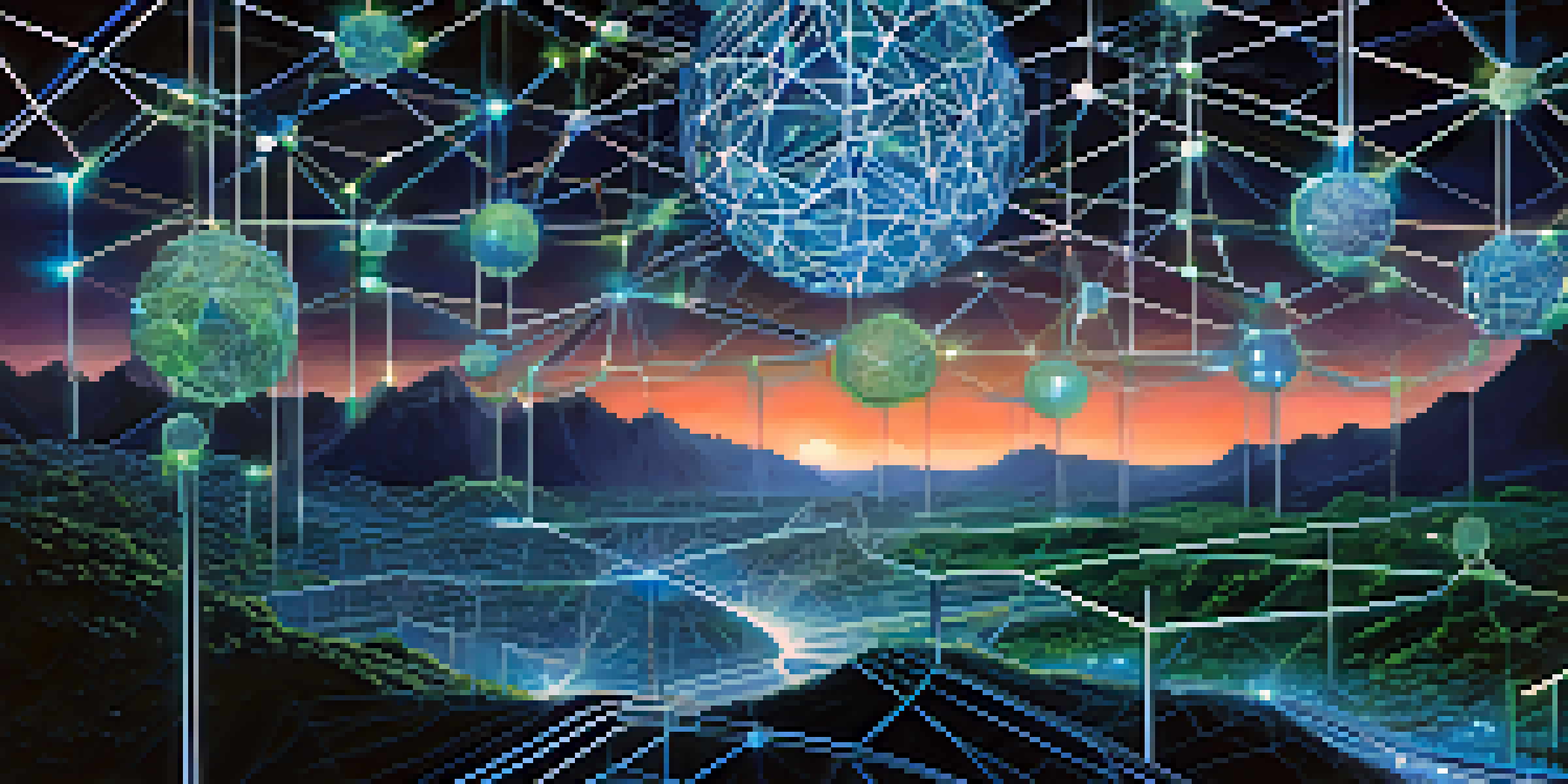 A digital landscape with glowing blockchain nodes interconnected by pathways, under a starry night sky.