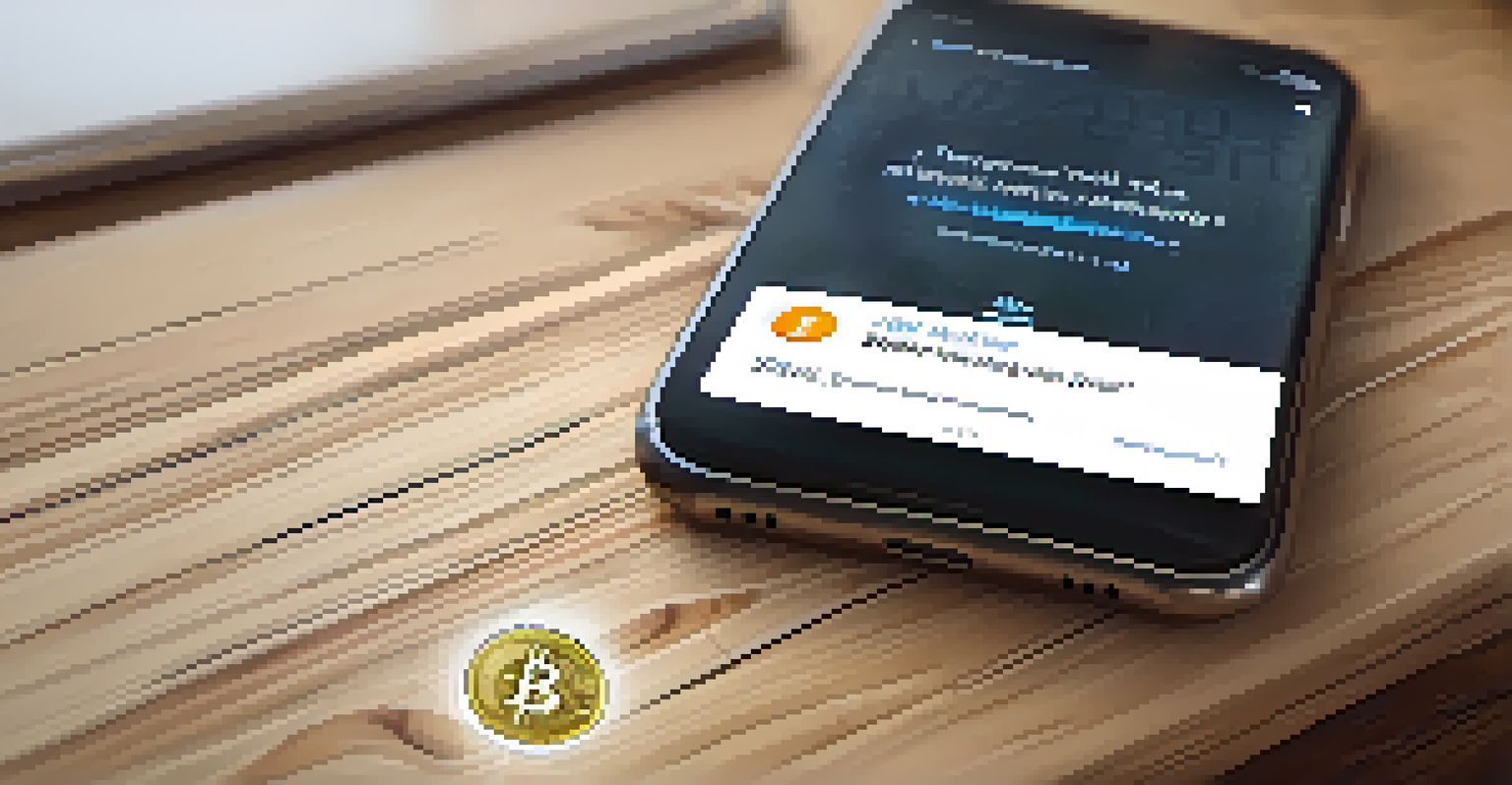 A close-up view of a smartphone showing a Bitcoin wallet interface with a digital identity verification prompt, set on a wooden table in a cozy workspace.