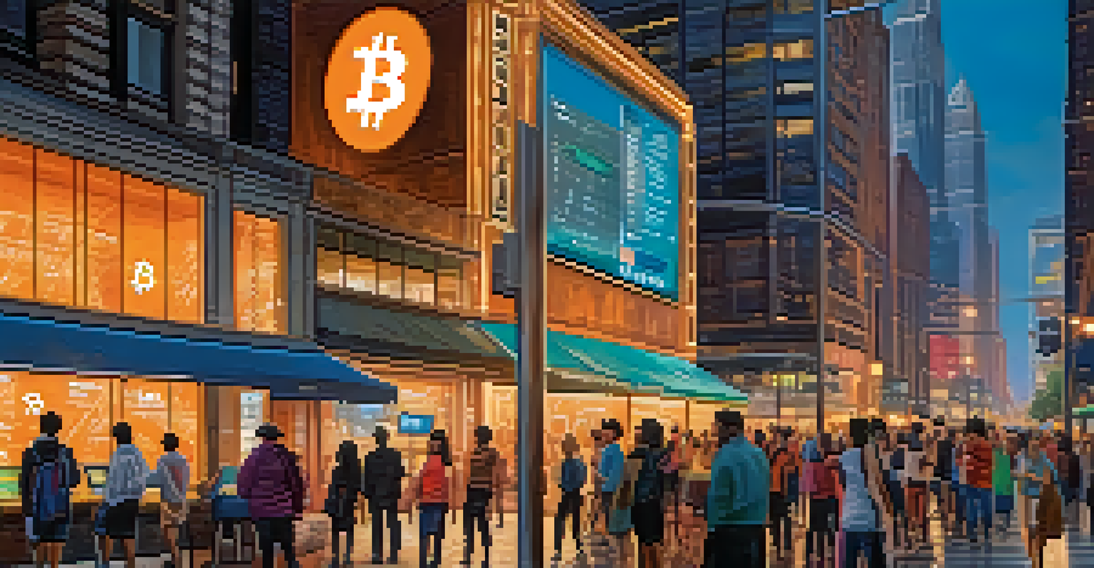 A lively urban scene with people using Bitcoin ATMs and smartphones against a backdrop of city lights and skyscrapers.