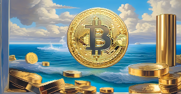 A digital representation of Bitcoin as a glowing golden coin surrounded by gold bars and a blue ocean in the background, with soft sunlight filtering through clouds.