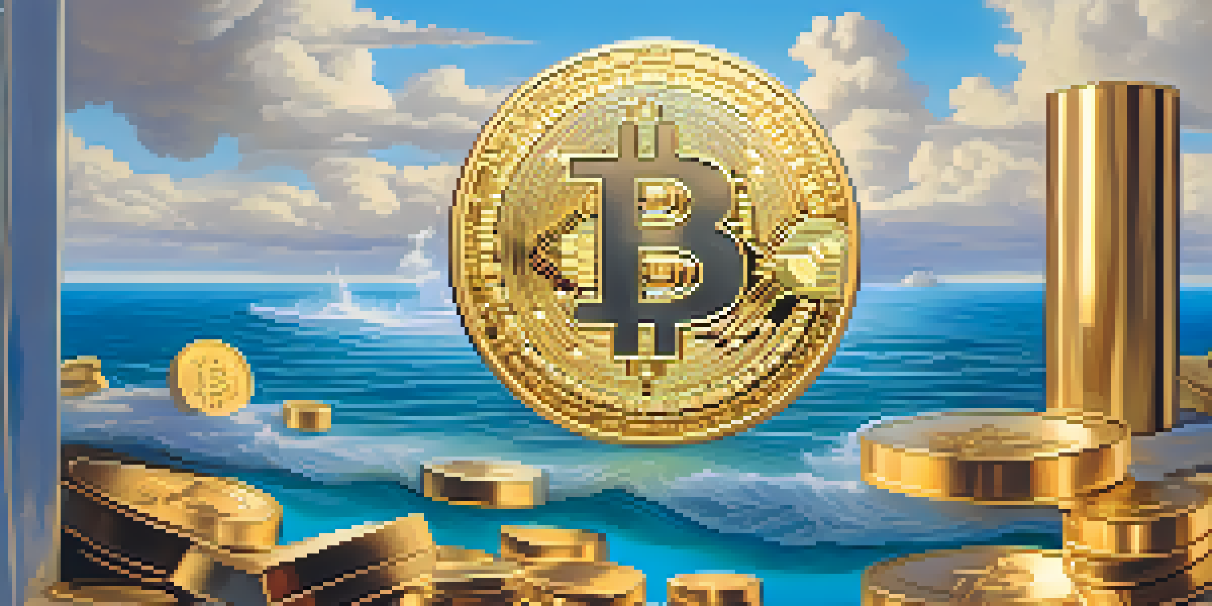 A digital representation of Bitcoin as a glowing golden coin surrounded by gold bars and a blue ocean in the background, with soft sunlight filtering through clouds.
