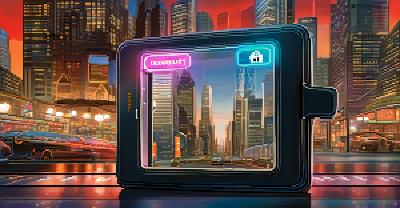 A digital wallet open with various cryptocurrencies displayed, set against a backdrop of a safe, symbolizing security in digital finance.