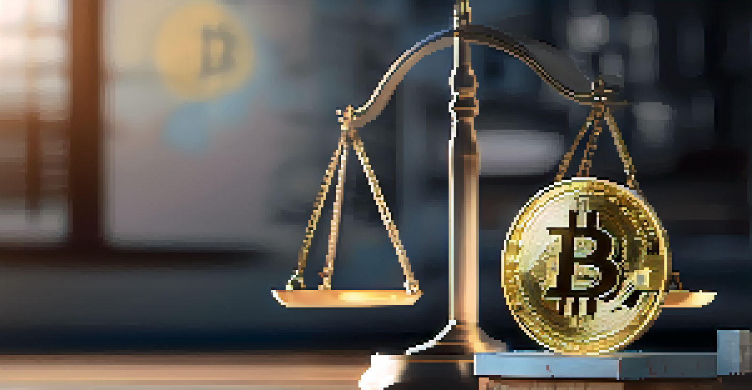 A balanced scale with a glowing Bitcoin coin on one side and a house model on the other, set against a blurred financial chart background.