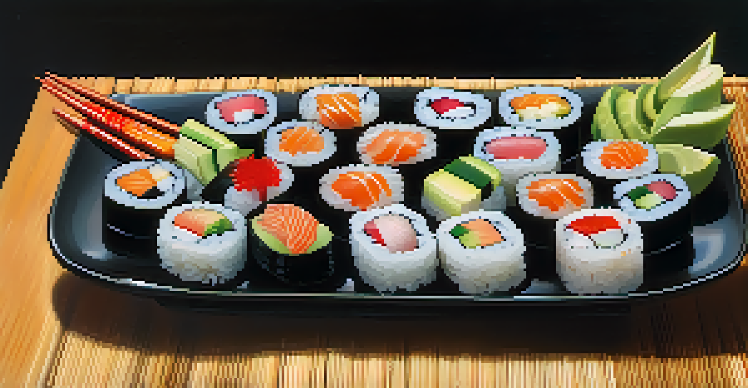 A gourmet sushi platter featuring colorful nigiri and maki rolls, garnished with avocado and served on a black plate.