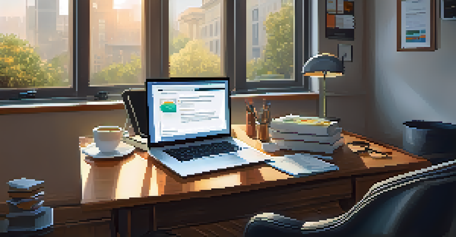 A person at a desk with a laptop and a floating shield icon, representing cybersecurity awareness in a calm office setting.