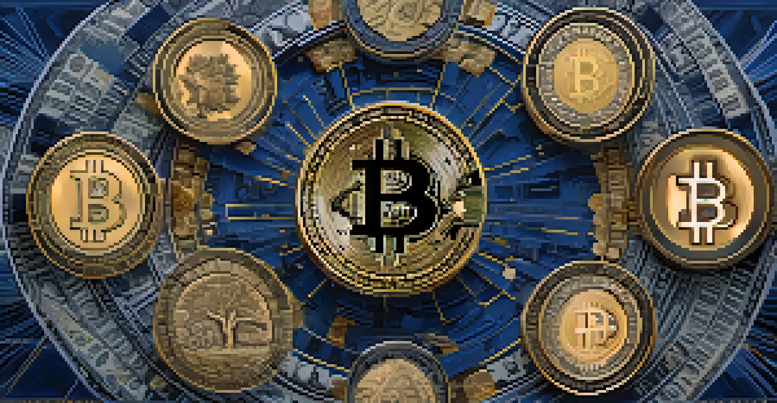 An artistic representation of the Bitcoin logo surrounded by traditional currencies, set against a textured background of deep blues and golds.