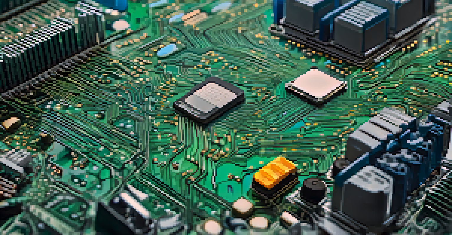 A detailed close-up of a colorful circuit board with various electronic components.
